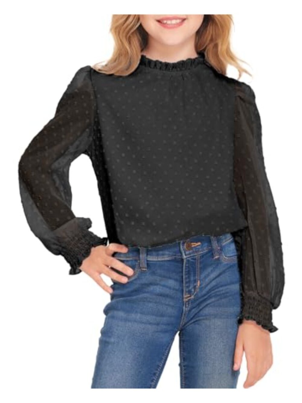Girls Long Sleeve Chiffon Blouse Swiss Dot Frill Neck Cute Top Tee